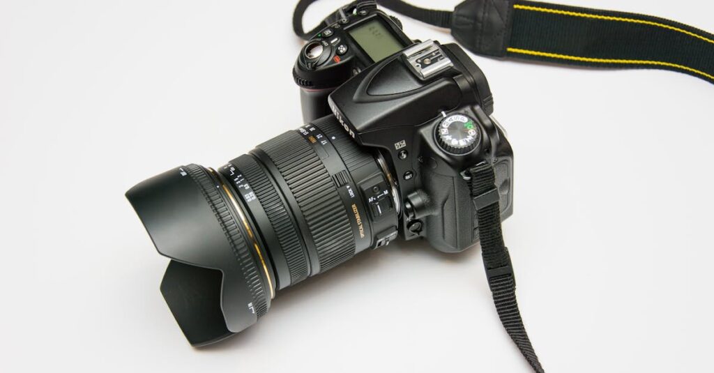 Close-up of a DSLR camera with a lens and strap, ideal for photography equipment themes.