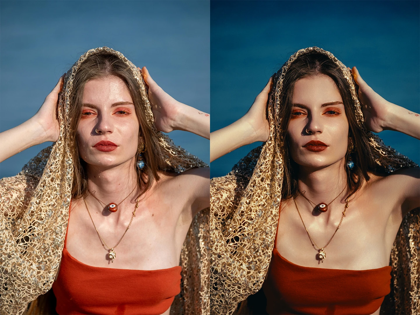 Before and after beauty retouching comparison