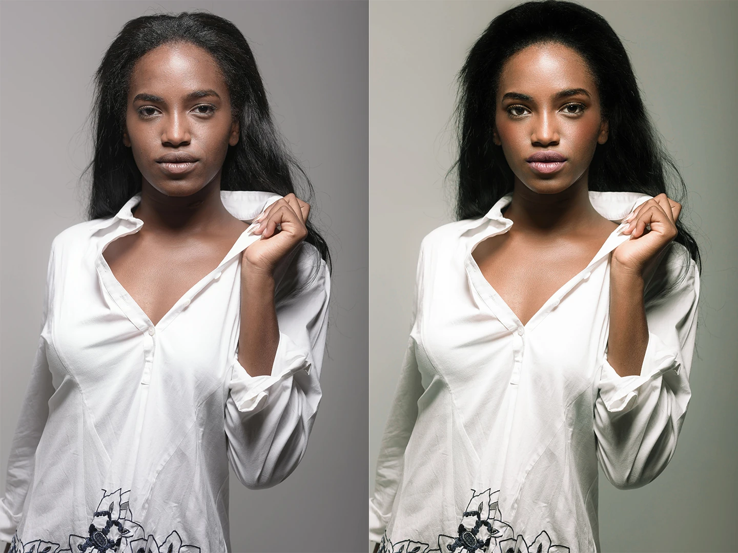 Before and after retouching comparison