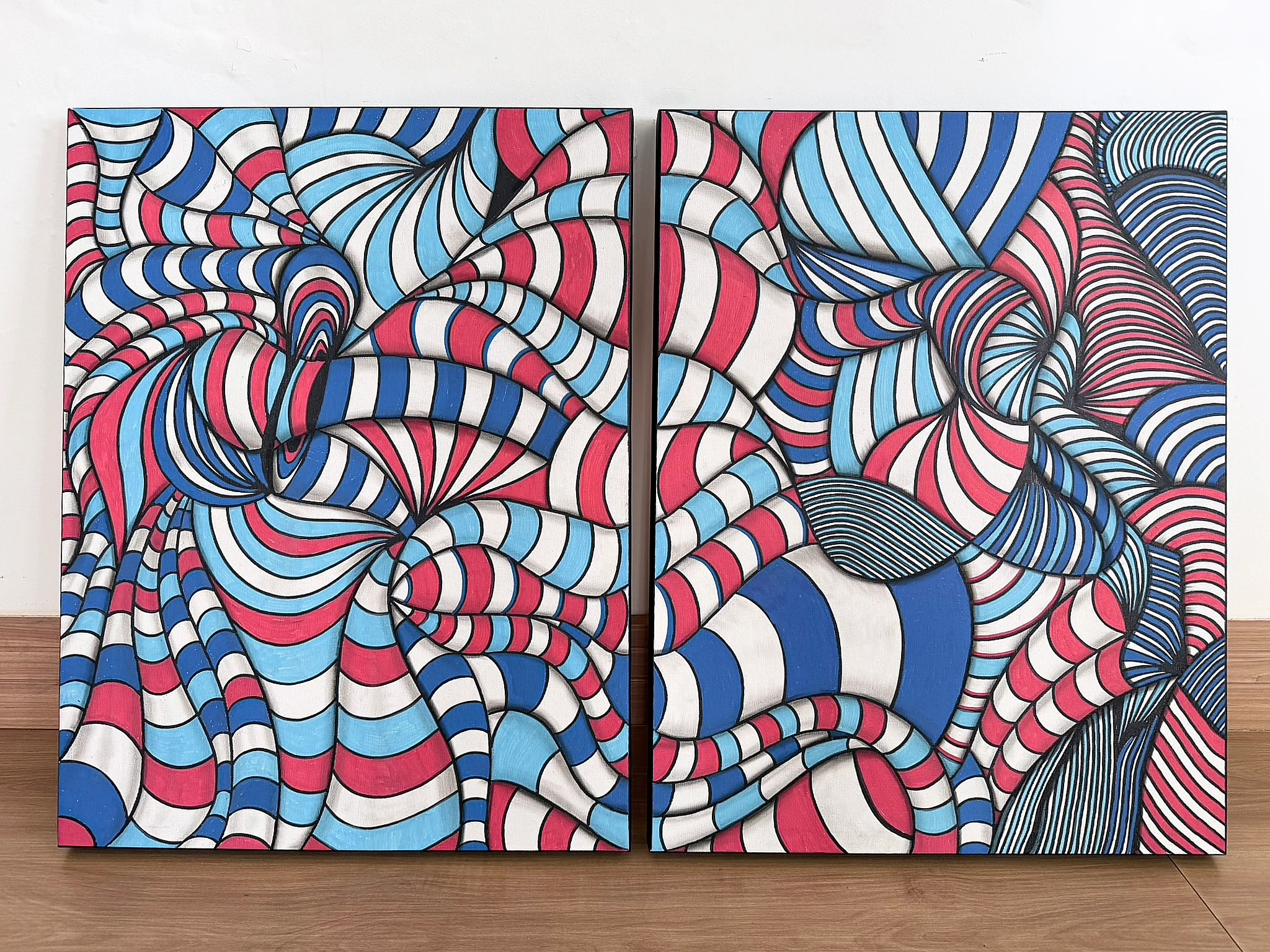 Chromatic Pulse — Red & Blue Optical Abstract Diptych Painting