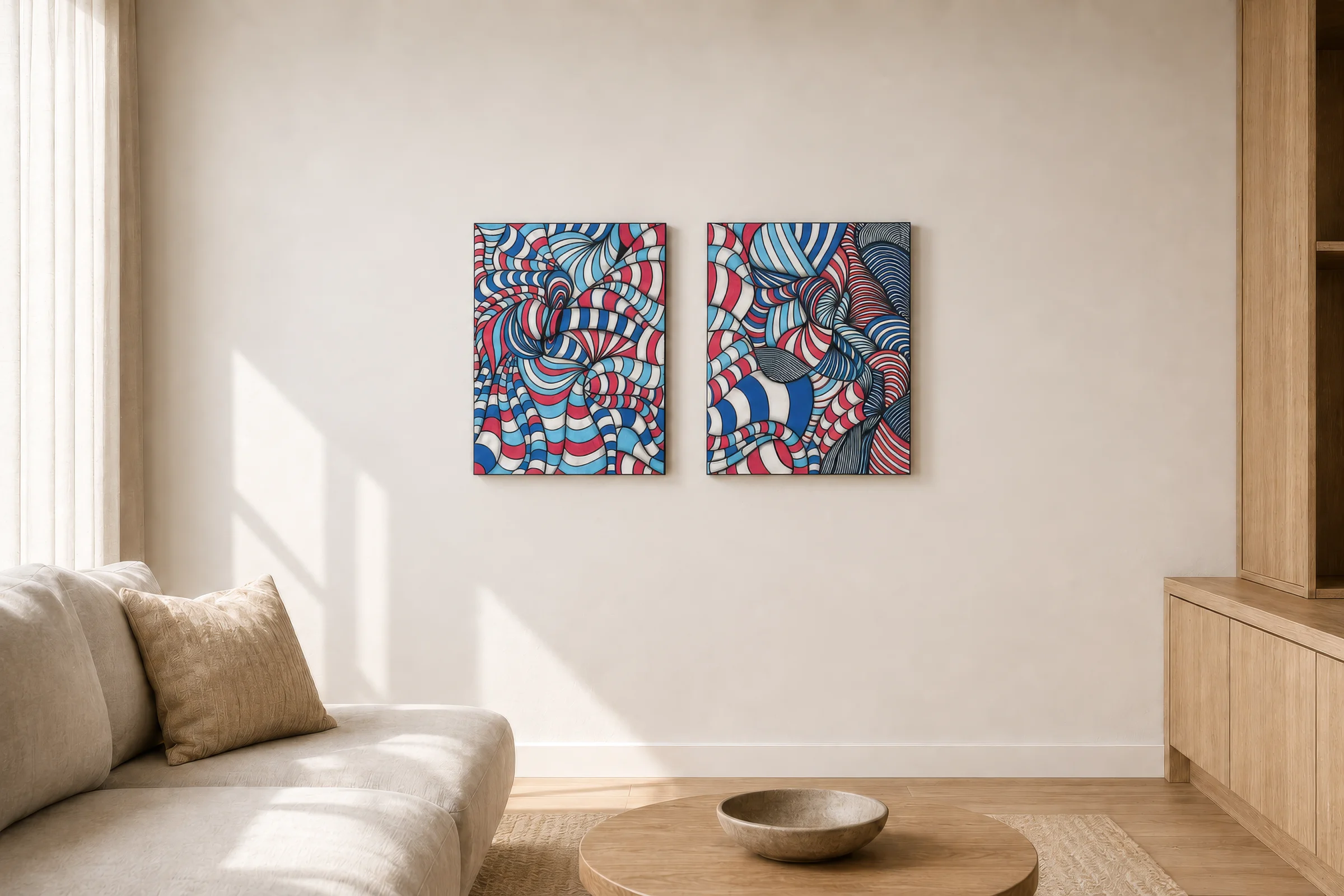 Chromatic Pulse is built from repetition under pressure. Across two individual canvases measuring 50 × 65 cm each, bands of red, cobalt blue, cyan, white and black bend, compress and expand into a dense system of visual movement. What first appears geometric quickly becomes organic. Lines become waves, surfaces begin to fold, and the composition seems to move beyond the physical limits of the canvas. Created with ink, marker and pastel on canvas, the work retains the immediacy of the artist’s hand. The repeated lines are precise enough to establish structure, yet irregular enough to prevent the image from becoming mechanical. This tension between discipline and distortion gives the diptych its energy. The two-panel format intensifies the work. A physical gap separates the canvases, yet the visual language continues across both surfaces. That interruption creates tension: two independent works operating as one larger composition. Color is not used simply for decoration. Red generates pressure and acceleration. Blue and cyan establish depth and counterbalance. White creates expansion, while black anchors the entire structure. Together they create a highly visible chromatic field that changes according to viewing distance. From across a room, Chromatic Pulse reads as a bold and immediate statement. At close range, the individual lines, intersections and hand-worked surfaces reveal a much more intricate construction. Conceived for collectors seeking art with presence, the diptych is particularly effective in contemporary residences, luxury interiors, offices, hospitality environments and architectural spaces where artwork is expected to define the atmosphere. This is a unique original two-panel artwork, created by hand on canvas and hand-signed. No edition reproduces the physical original. Free shipping included.